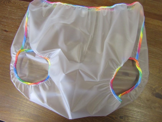 42/44 Hip Clear Plastic Waterproof Pants Rainbow Trim 