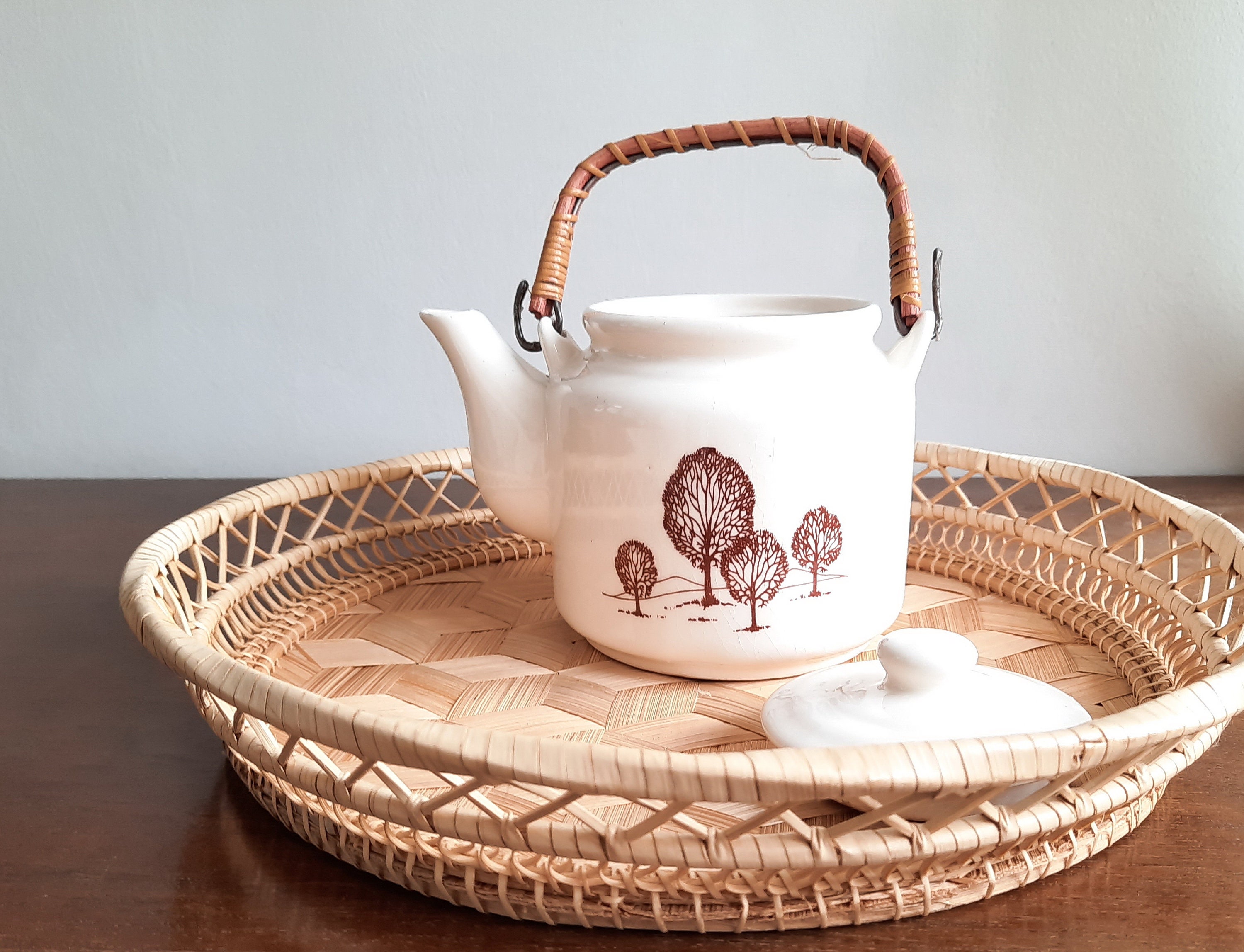 Vintage Teapot with Bamboo Handle Retro Germain Ceramic Etsy