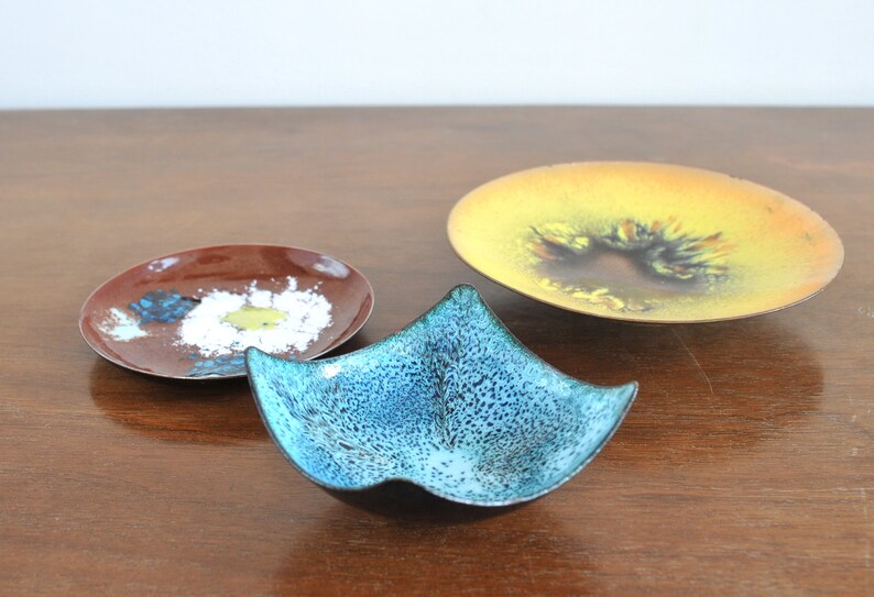 Vintage Enamel Rring Dish Retro Germain Designer Fired Enamel Jewelry Dish Wedding Ring Dish Brass Plate Small Brass Dish Copper Dish