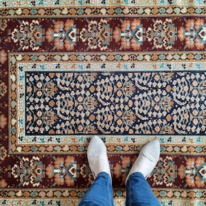 Kleiner Antiker Kaukasischer Läufer Teppich - Vintage Persischer Blumenteppich - Alter Braun Grün Blau türkischer Teppich