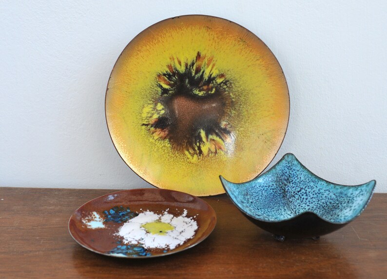 Vintage Enamel Rring Dish Retro Germain Designer Fired Enamel Jewelry Dish Wedding Ring Dish Brass Plate Small Brass Dish Copper Dish