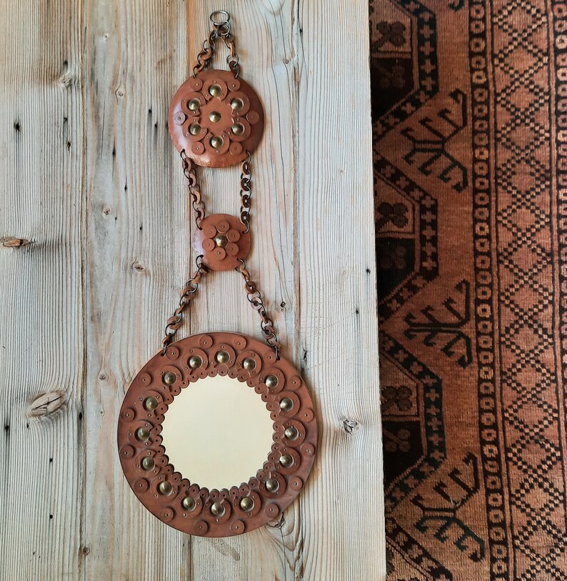 Vintage Decorative Wall Mirror With Hand Tooled Leather Frame Etsy