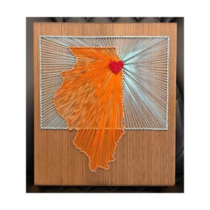 May include: A wooden string art piece featuring the outline of Illinois in orange thread, with a red heart in the center. The background has blue and white threads radiating outwards. The artwork is mounted on a wooden board.