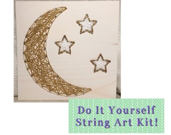 Moon and Stars DIY KIT- String Art Kit 7” by 7”, Pre-Hammered Simple String Art Signs, String Art Beginner, Zoom Call, Kids Craft Gift