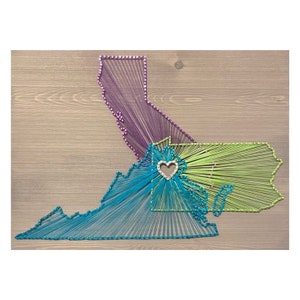 May include: String art of three states, California, Pennsylvania, and Virginia, with a heart in the center. The states are outlined in purple, green, and blue thread.
