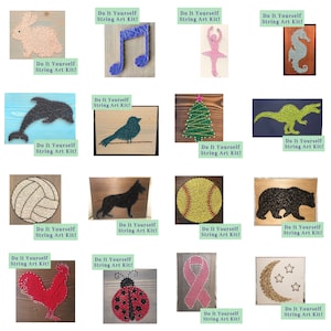 May include: A collection of 16 string art kits featuring various designs, including a rabbit, musical note, ballerina, seahorse, dolphin, bird, Christmas tree, dinosaur, volleyball, German Shepherd, baseball, bear, rooster, ladybug, pink ribbon, and a crescent moon with stars. Each kit includes a wooden board, nails, and string.