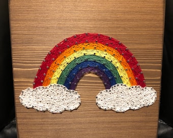 MADE TO ORDER- Rainbow String Art, Handmade Wall Decor, Baby Girl Nursery Bedroom, String and Nails, Happy Art, Christmas Gift, Present