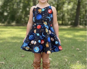 Planets birthday dress, two the moon girl dress, toddler dress, space day school dress, circle dress for girl, baby girl outer space dress