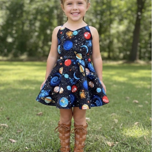 Planets birthday dress, two the moon girl dress, toddler dress, space day school dress, circle dress for girl, baby girl outer space dress