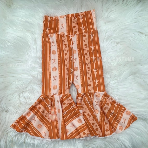 Fall Toddler Bell Bottom Pants, Girls Pumpkin Outfit, Autumn Boutique Flare Leggings, Thanksgiving Outfit size 2T ready to ship