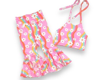 Two groovy birthday outfit, toddler crop top,groovy girl outfit, groovy bell bottoms, groovy first birthday, retro second birthday outfit,