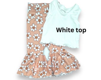 groovy one birthday outfit, white top for girl, floral bell bottoms, baby girl boho outfit, daisy bell bottoms, toddler bell bottoms