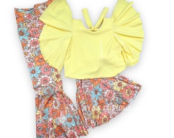 groovy birthday outfit, yellow color crop top for girl, groovy girl outfit, floral bell bottoms, young wild and three, hippie girl outfit,