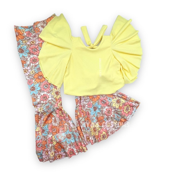 groovy birthday outfit, yellow color crop top for girl, groovy girl outfit, floral bell bottoms, young wild and three, hippie girl outfit,