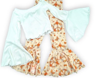 Two groovy birthday outfit, bell sleeve crop top for girl, WHITE off shoulder bell top , boho floral bell bottoms, peace love bell bottoms,