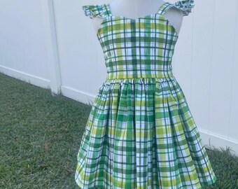 St. Patrick’s Day Girls Dress, Green Plaid Handmade Dress ,Toddler Shamrock Outfit, Ruffle Strap Spring Dress