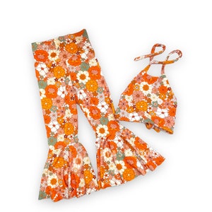 Two groovy birthday outfit, toddler crop top,groovy girl outfit, floral bell bottoms, girl crop top, young wild and three, groovy one pants