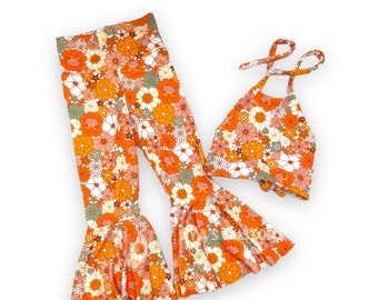 Two groovy birthday outfit, toddler crop top,groovy girl outfit, floral bell bottoms, girl crop top, young wild and three, groovy one pants