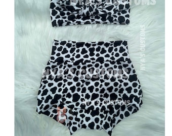 Cowgirl rodeo birthday outfit, rodeo  bodysuit for girl, bummie with fringe, cow print bummies, baby girl rodeo outfit, bummies and headband