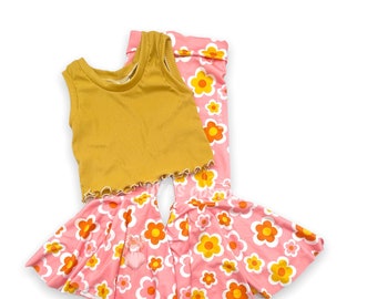 Two groovy birthday outfit, mustard color crop top for girl, leotard bell sleeves, floral bell bottoms, crop top for toddler
