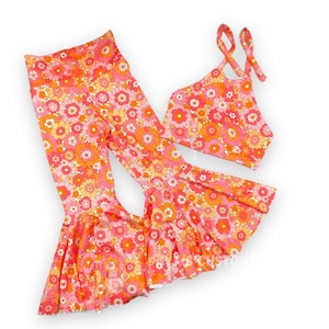 Two groovy birthday outfit, toddler crop top,groovy girl outfit, floral bell bottoms, girl crop top , young wild and three, groovy outfit