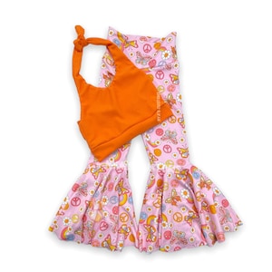Groovy outfit, orange color crop top for girl, groovy girl outfit, floral bell bottoms, two groovy outfit, groovy one outfit, groovy bells