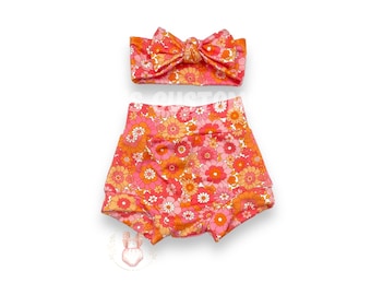 Groovy floral bummies, toddler floral diaper cover, baby girl bummies, floral headband, groovy one bummies, bummies with matching headband