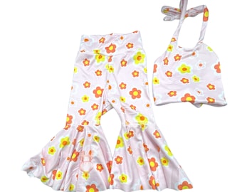 Two groovy birthday outfit, floral crop top for girl,floral bell bottoms, crop top for toddler, groovy flower bell bottoms