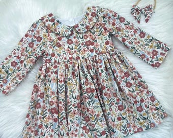 Floral Long Sleeve Baby Dress with Bow, Fall Floral Toddler Dress, Handmade Girl’s Dress, Vintage Style Baby Outfit, Baby Shower Gift