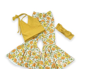 Retro floral birthday outfit, mustard color crop top for girl, 70s floral bell bottoms, floral bell bottoms, crop top for toddler, groovyone
