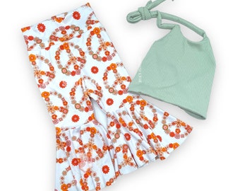 Two groovy birthday outfit, toddler crop top,groovy girl outfit, floral bell bottoms, girl crop top, young wild and three, groovy one set
