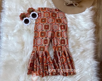 Groovy bell bottoms, groovy pants, boho flare pants, knit bell bottoms, hippie girl bell bottoms, neutral crochet print pants