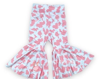 Pink cow print bell bottoms for toddler, cow baby bell bottoms, bell bottoms, baby girl bell bottoms, cow themed birthday bell bottoms