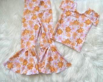 Groovy one birthday outfit, toddler top, groovy girl outfit, floral bell bottoms, grooby floral top , young wild and three, groovy one pants