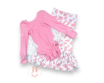 Pink Cow girl birthday outfit, rodeo fringe bodysuit for girl, holy cow am one, cow print bell bottoms, baby girl rodeo outfit, western girl