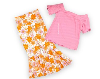 Two groovy birthday outfit, pink color crop top for girl, groovy girl outfit, floral bell bottoms, girl crop top , young wild and three