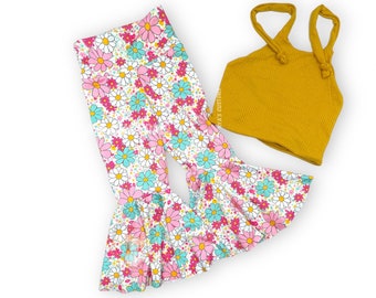 Two groovy birthday outfit, toddler crop top,groovy girl outfit, floral bell bottoms, girl crop top , young wild and three, groovy one set
