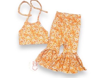 Two groovy birthday outfit, toddler crop top,groovy girl outfit, floral bell bottoms, girl crop top , young wild and three, groovy outfit