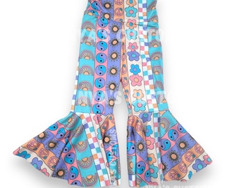 Hippie bell bottoms, groovy pants, two groovy flare pants, groovy floral bell bottoms, girl groovy bell bottoms, baby girl bell bottoms