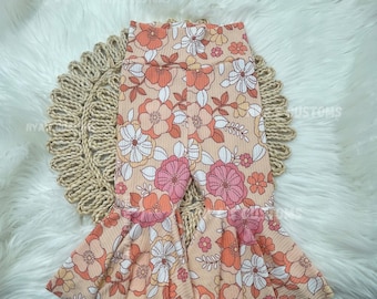 Floral Ribbed Bell Bottoms for Toddler, Soft Flower Print Flare Leggings, Boho Baby Girl High Waisted Pants, Handmade Boutique Toddler Appar