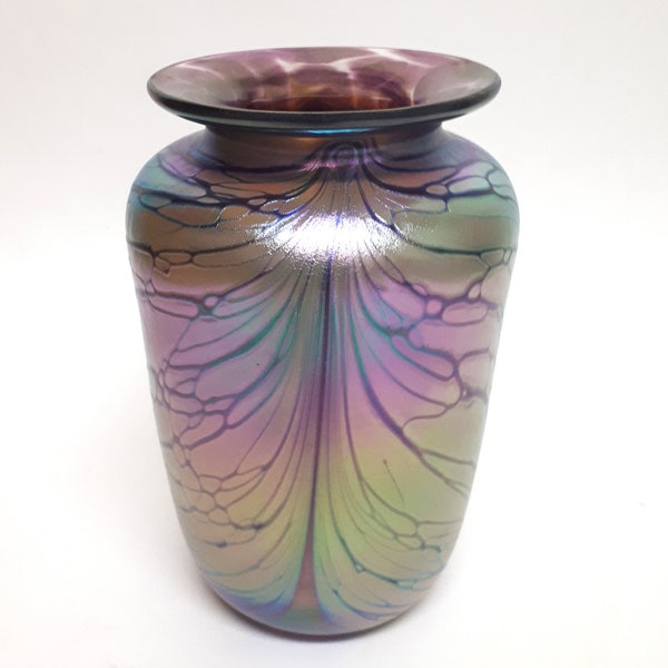 Signed Rick Hunter Iridescent Art Glass Vase, Butterfly Veining