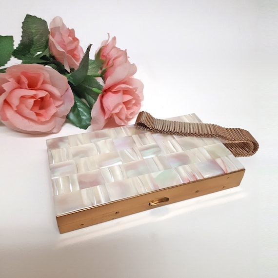 Vintage Mother Of Pearl Compact Wristlet Evening … - image 1