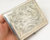 875 Silver Vintage Europe Real Red Garnet Etched Design Cigarette Case