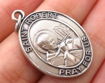 St Robert Southwell Religious Round Medal Silver Tone Pendant with Rhinestones