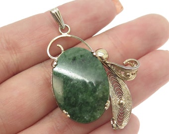 SORRENTO 925 Sterling Silver Gold Plated Vintage Real Jade Filigree Pendant