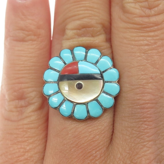 Intricate Vintage Native American Zuni Turquoise Coral Sterling Silver Flowe Rring Intricate Vintage Native American Zuni Turquoise Coral Sterling Silver Flowe Rring