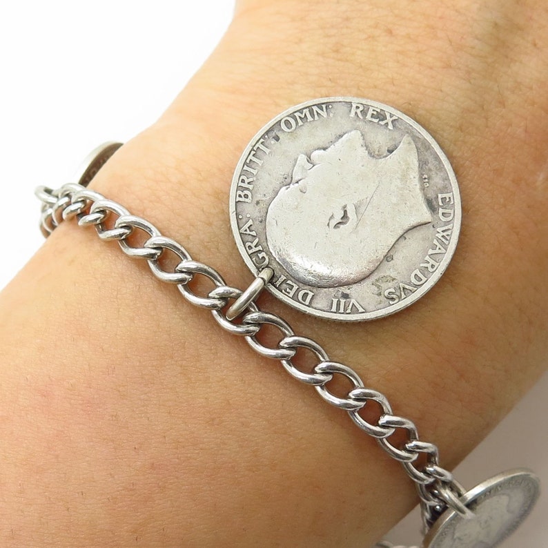 Vtg 925 Sterling Silver Assorted British Coins Dangling Cable Link Bracelet 7