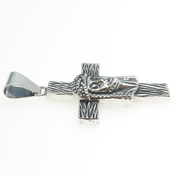 950 Silver Vintage Jesus Cross Oxidized Pendant - image 6