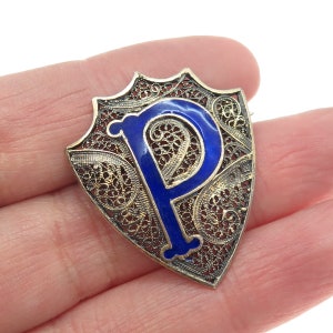 925 Sterling Silver Antique Enamel "P" Perfect Malton School Filigree Pin Brooch