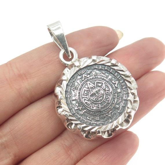 925 Sterling Silver Vintage Aztec Calendar Ornate… - image 1